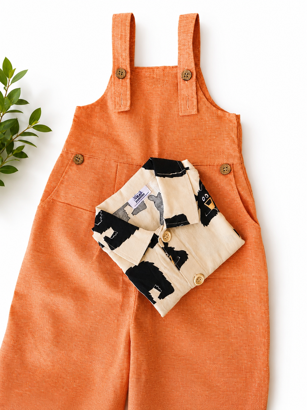 Khadi-Orange Dungaree with Floral Print Top for Boys