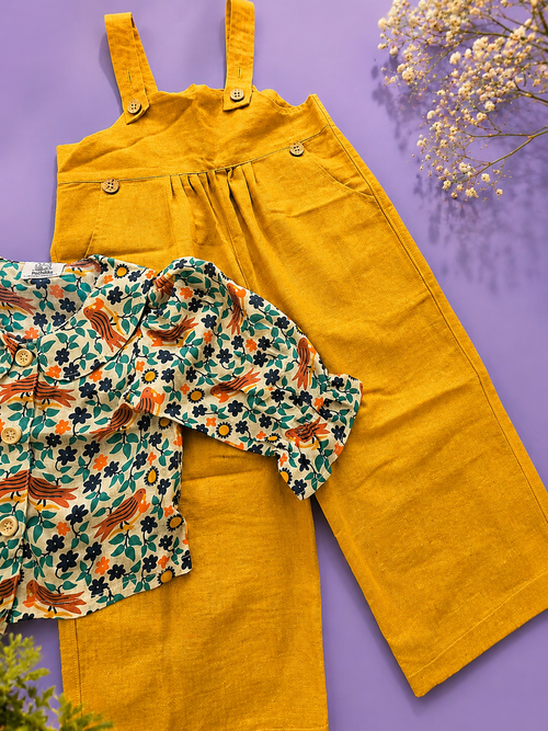 Khadi-Mustard Yellow Dungaree with Floral Print Top for Girls