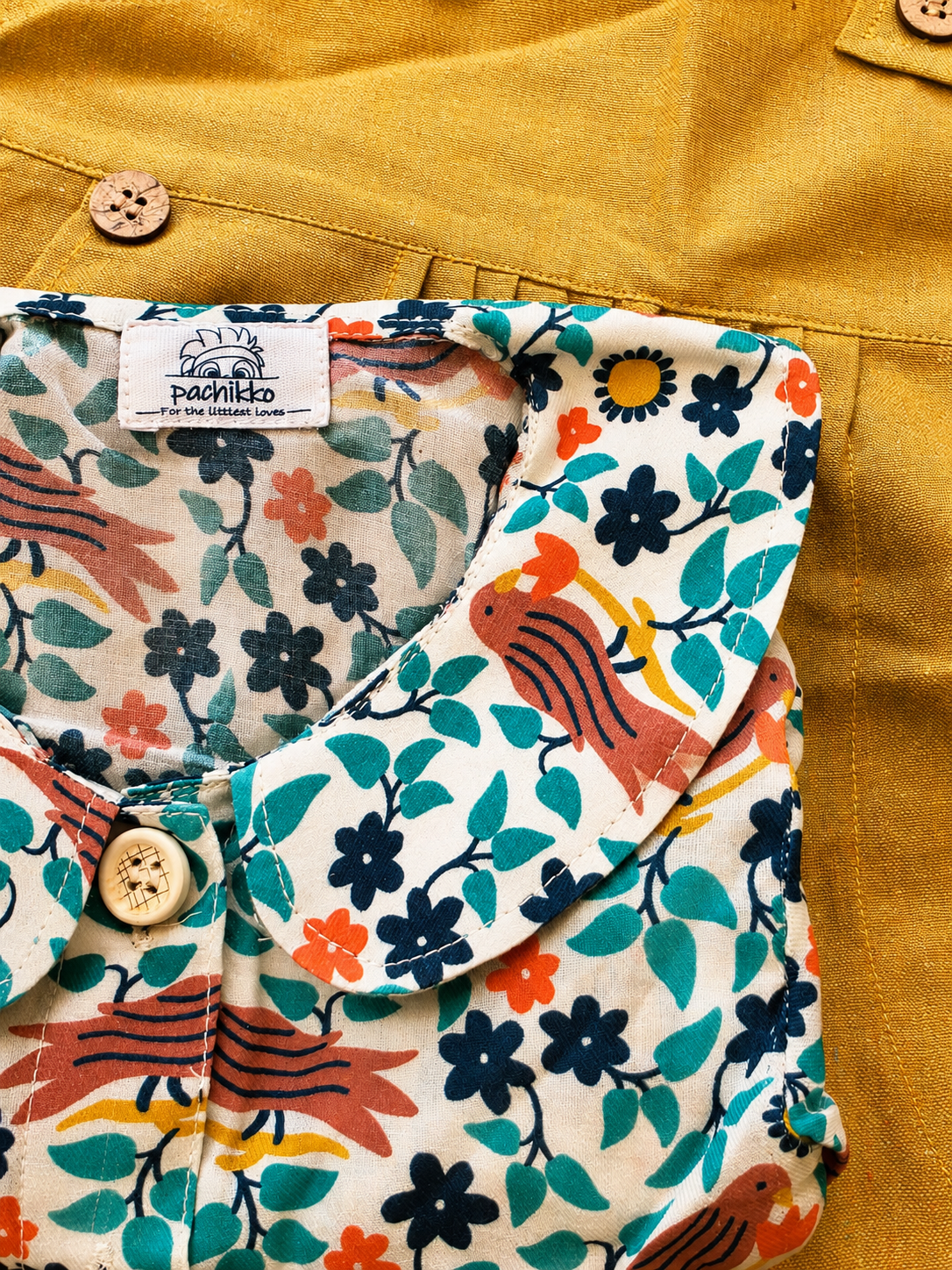 Khadi-Mustard Yellow Dungaree with Floral Print Top for Girls