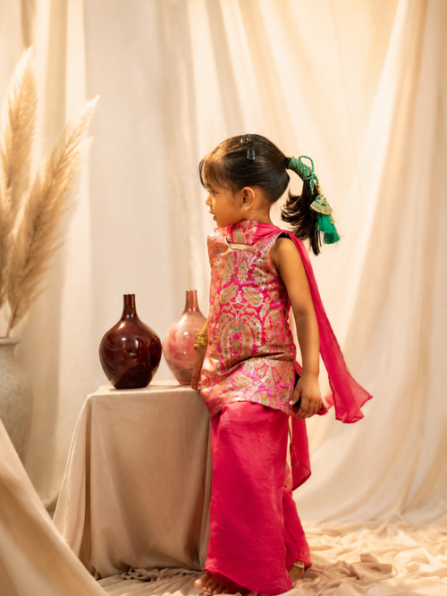 Rani Pink Banarasi silk lehenga – side view styled with chiffon dupatta, Pachikko festive kidswear