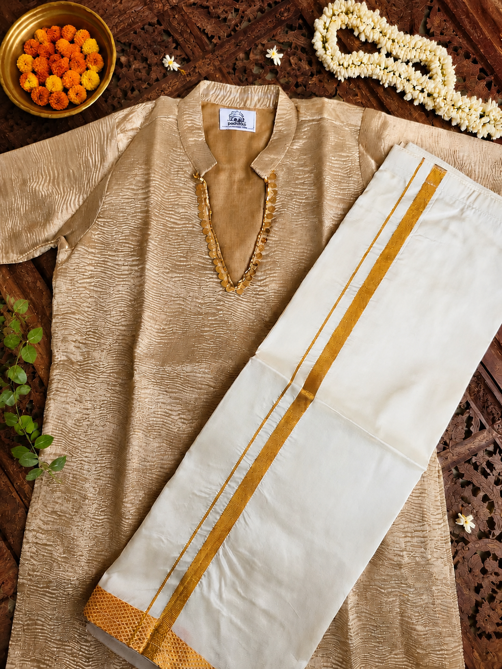 Crushed tissue silk long kurta with mundu set
