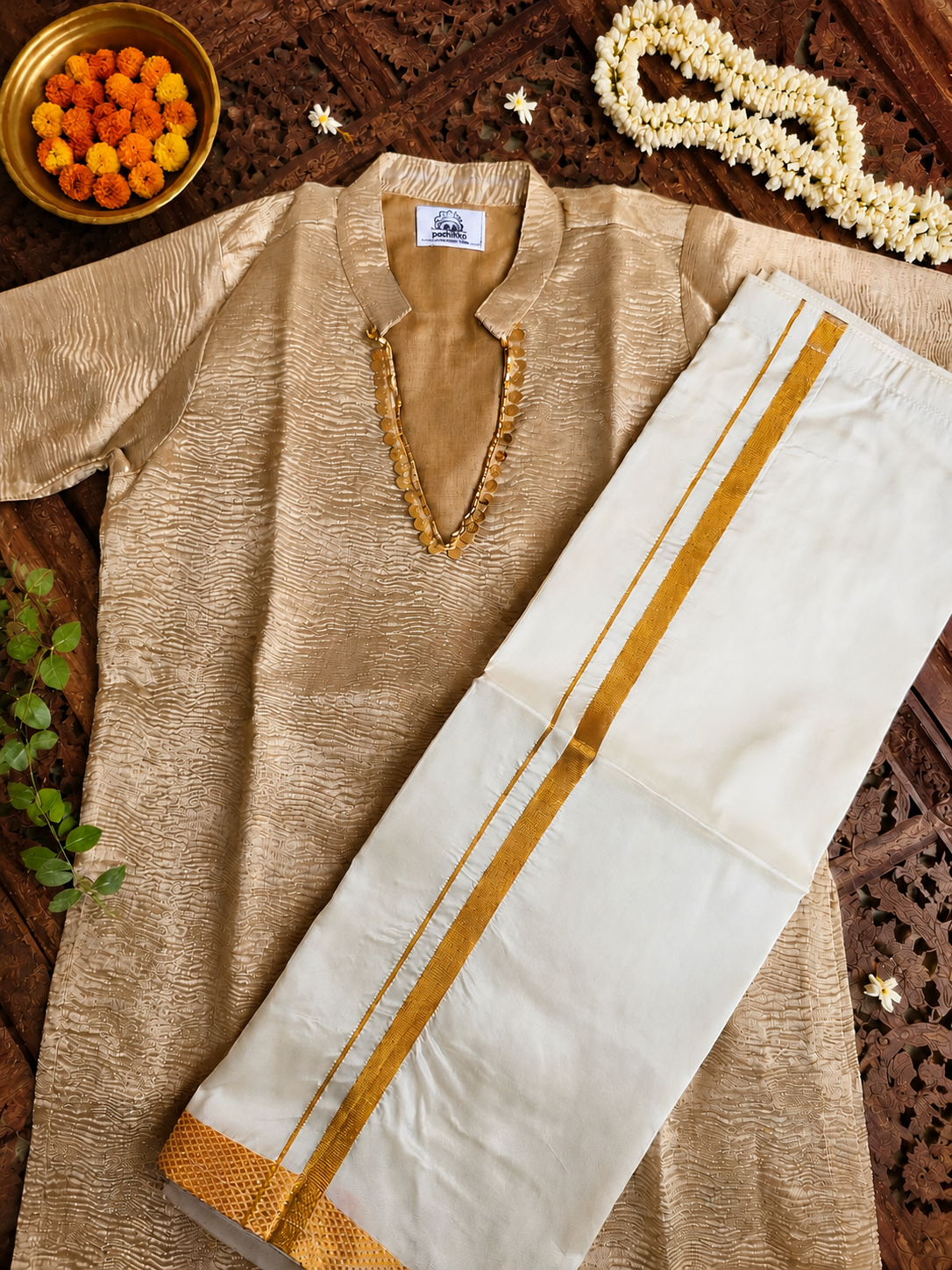Crushed tissue silk long kurta with mundu set