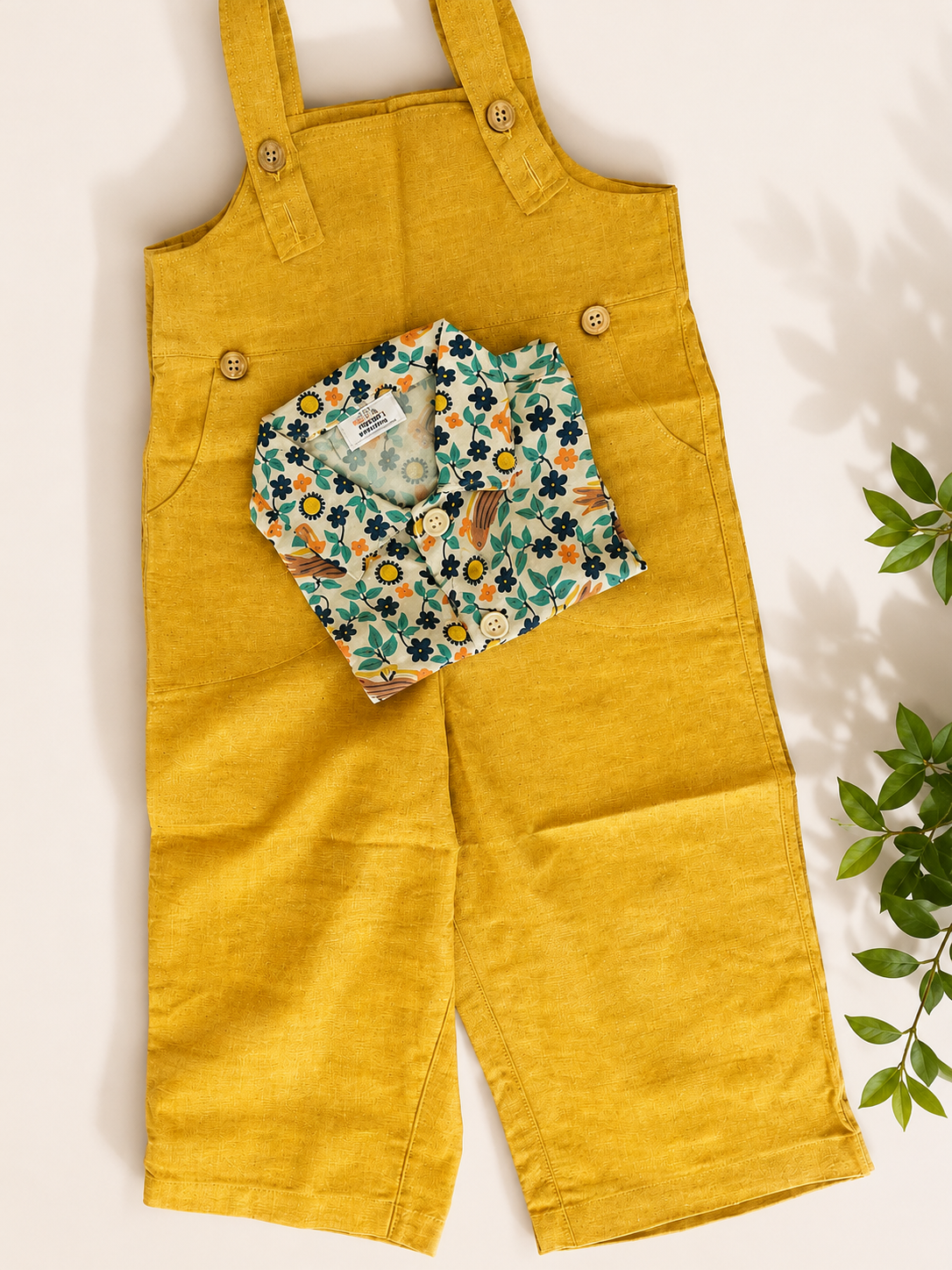 Khadi-Mustard Yellow Dungaree with Floral Print Top for Boys
