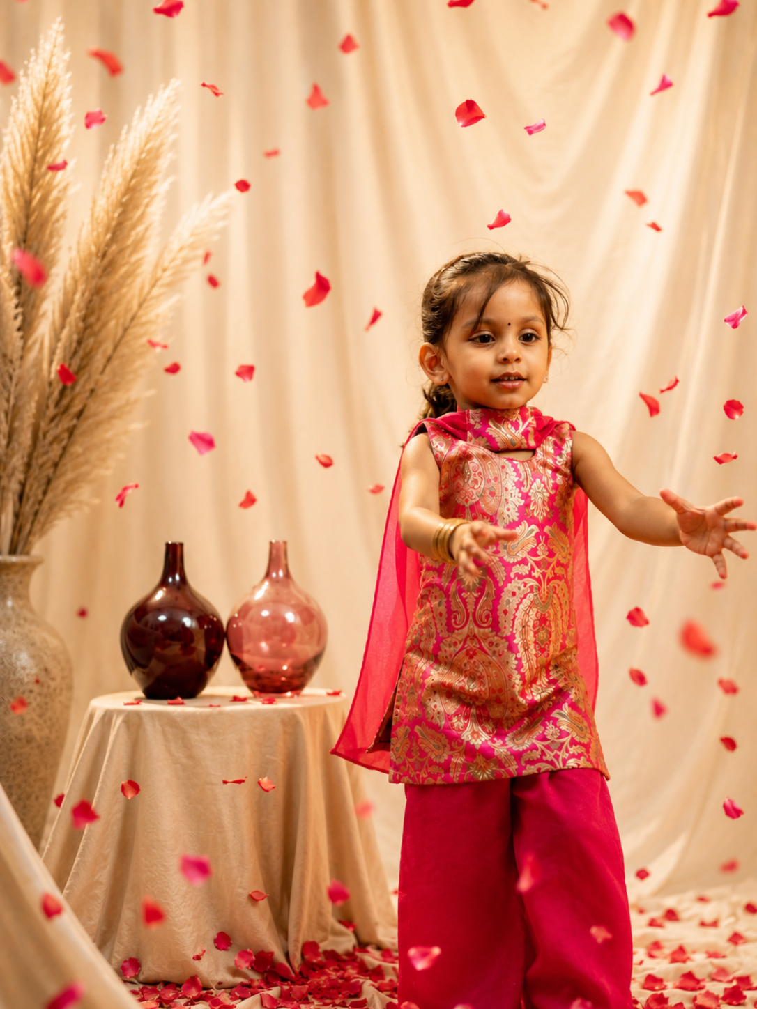 Girl playing with rose petals in Rani Pink Banarasi silk lehenga – festive Diwali kidswear by Pachikko