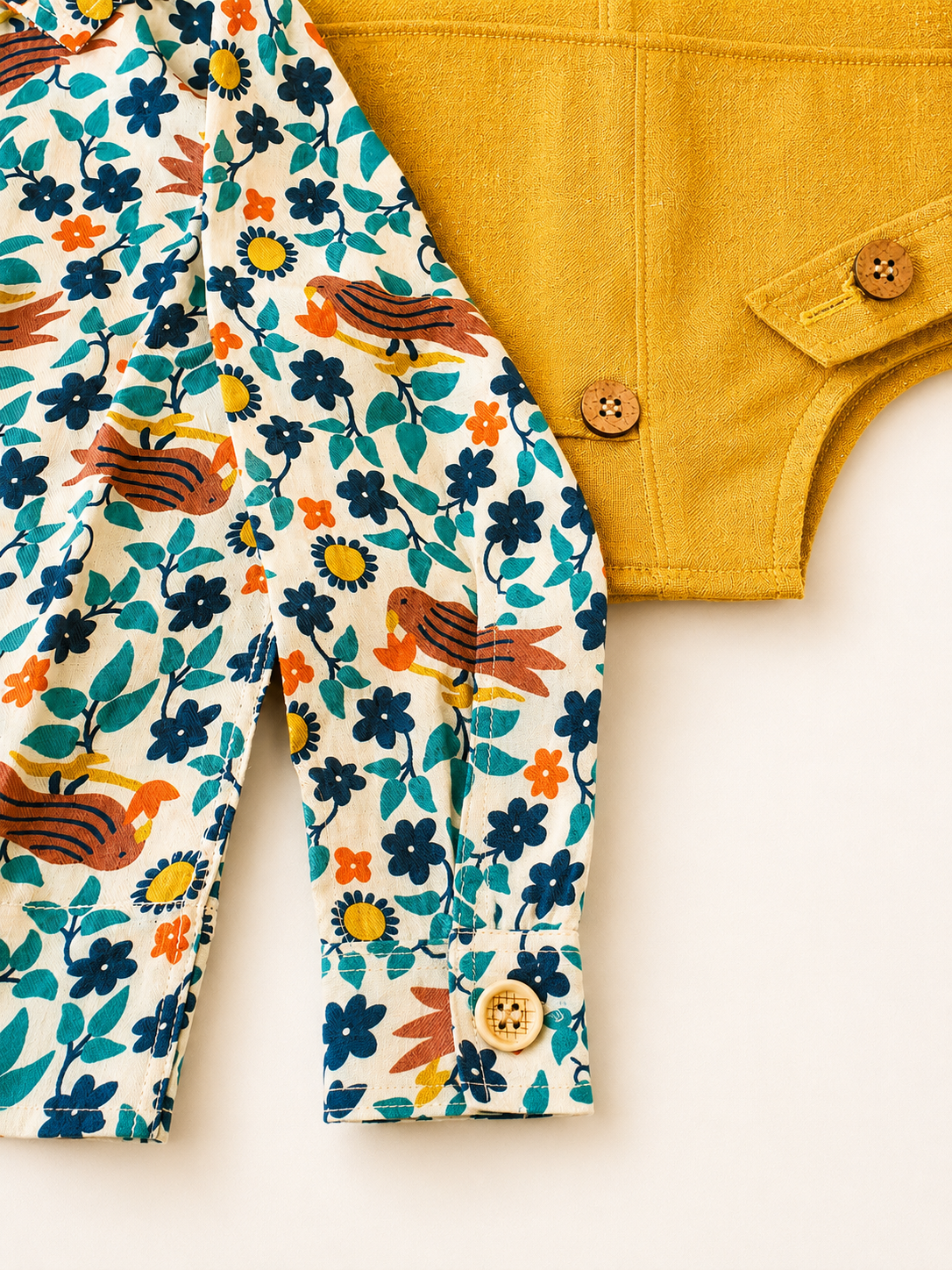 Khadi-Mustard Yellow Dungaree with Floral Print Top for Boys