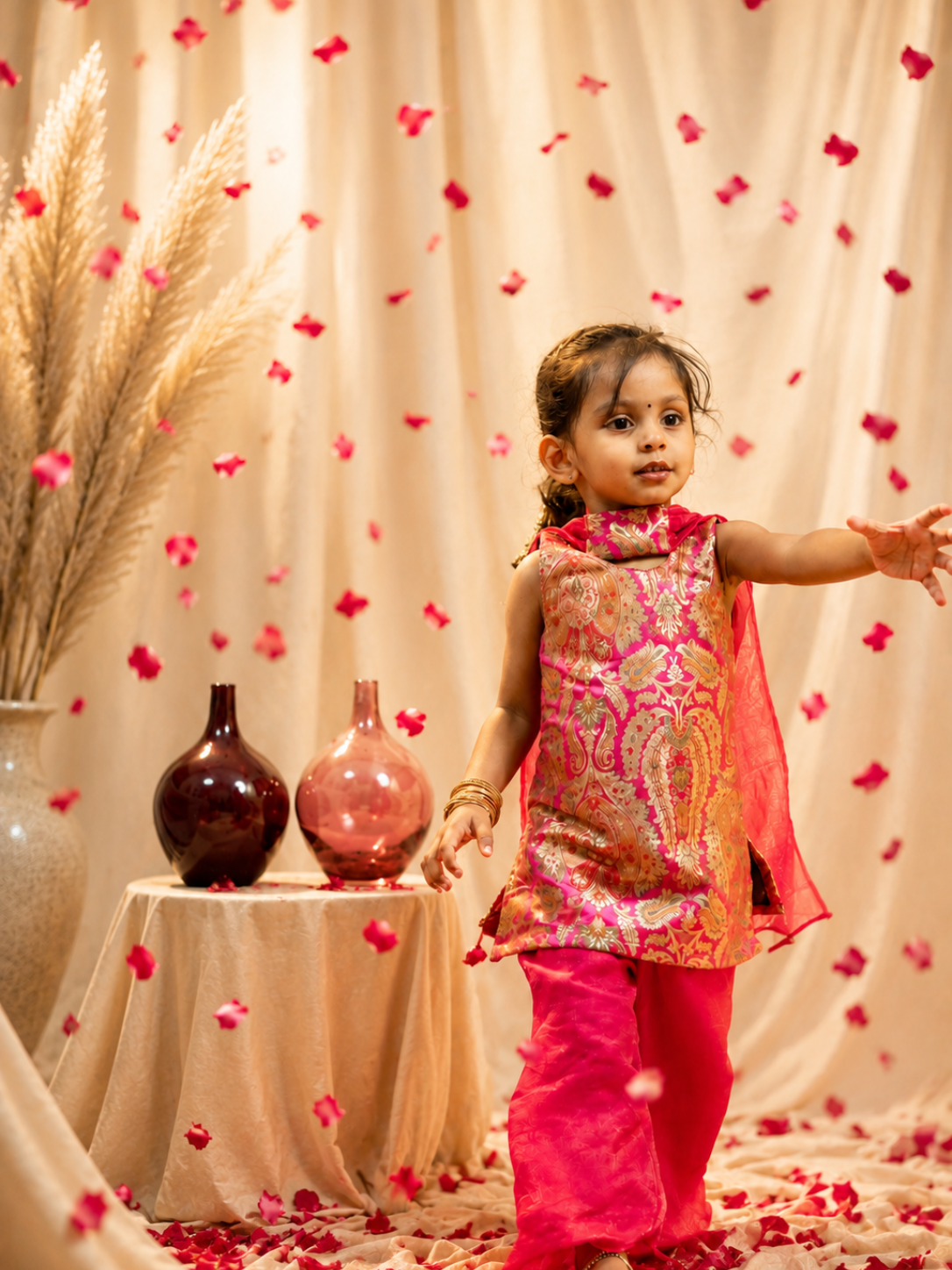 Girl in Rani Pink Banarasi silk lehenga with chiffon dupatta amid rose petals – Pachikko Diwali kidswear