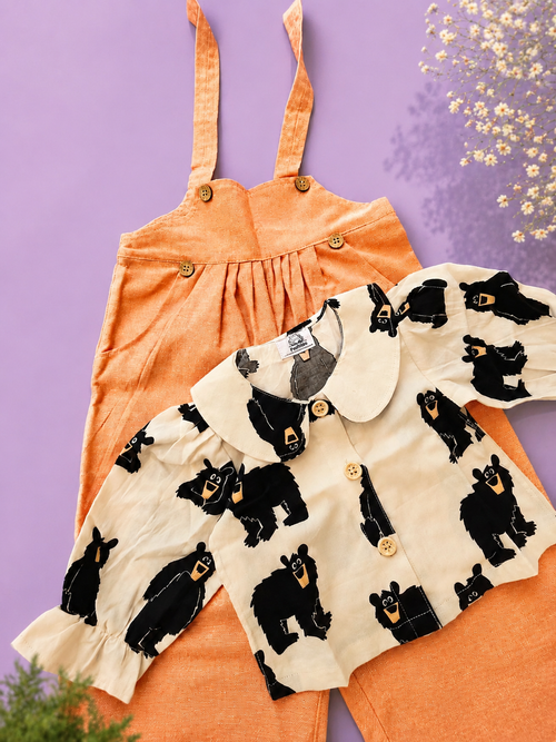 Khadi-Orange Dungaree with Bear Print Top for Girls