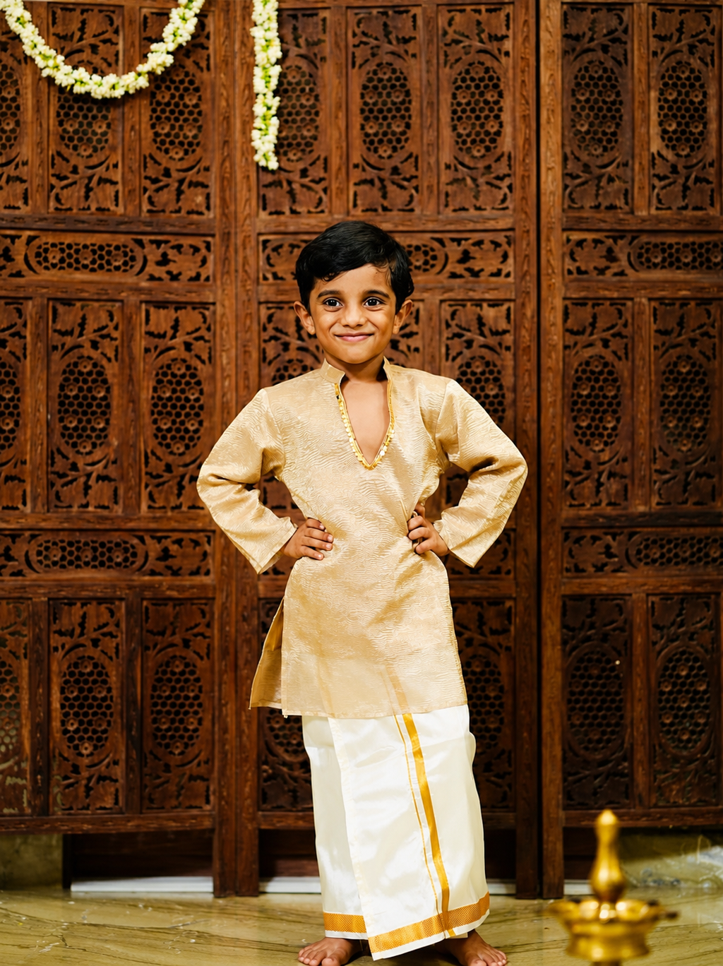 Crushed tissue silk long kurta with mundu set