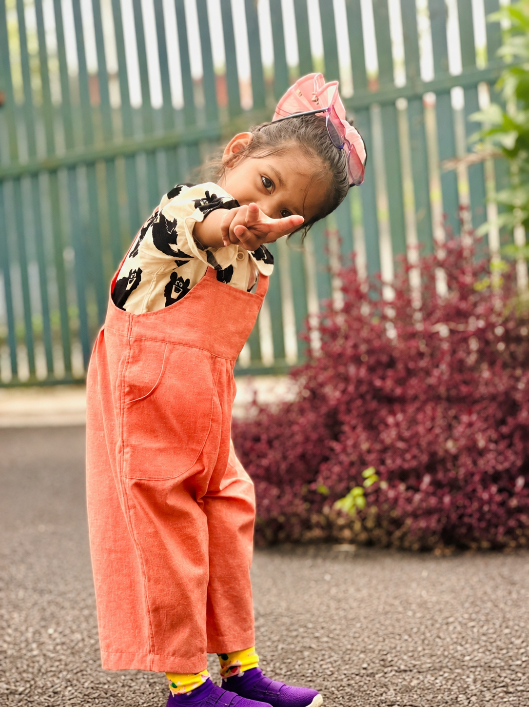 Khadi-Orange Dungaree with Bear Print Top for Girls