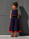 Navy Blue & Red Co-ord Set – Sleeveless Crop Top & Wide-Leg Pants