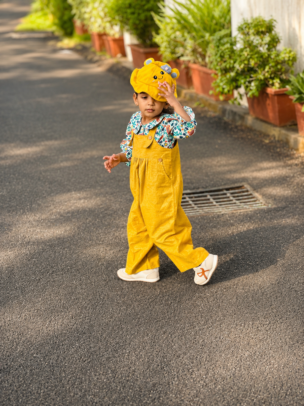 Khadi-Mustard Yellow Dungaree with Floral Print Top for Girls