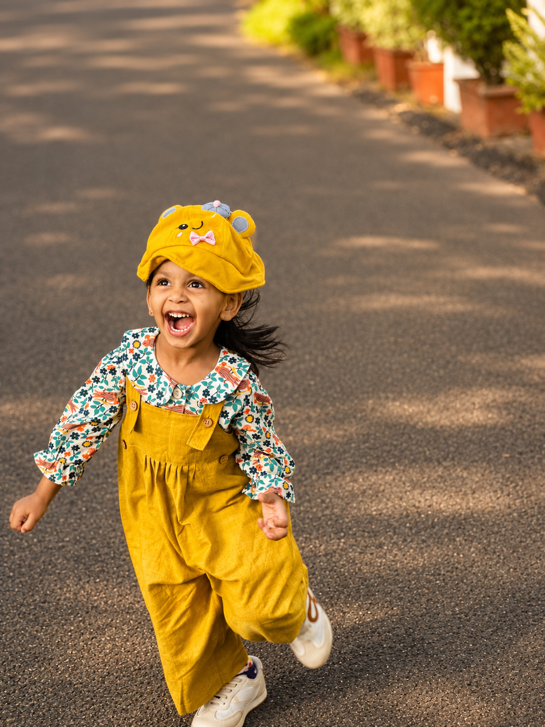 Khadi-Mustard Yellow Dungaree with Floral Print Top for Girls