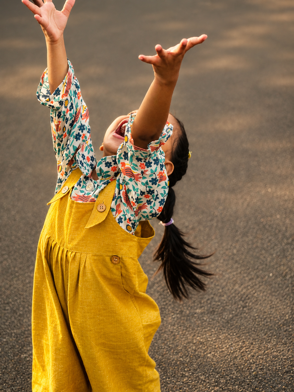 Khadi-Mustard Yellow Dungaree with Floral Print Top for Girls