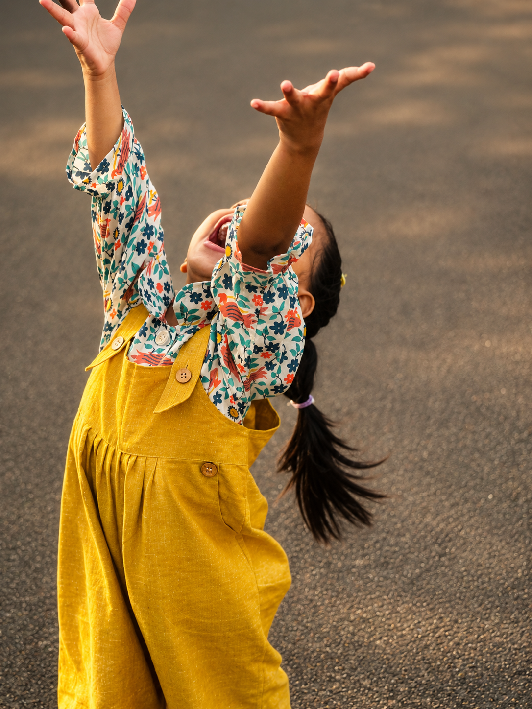 Khadi-Mustard Yellow Dungaree with Floral Print Top for Girls
