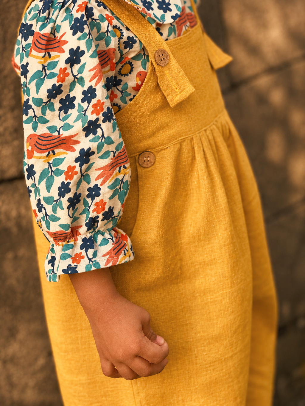 Khadi-Mustard Yellow Dungaree with Floral Print Top for Girls