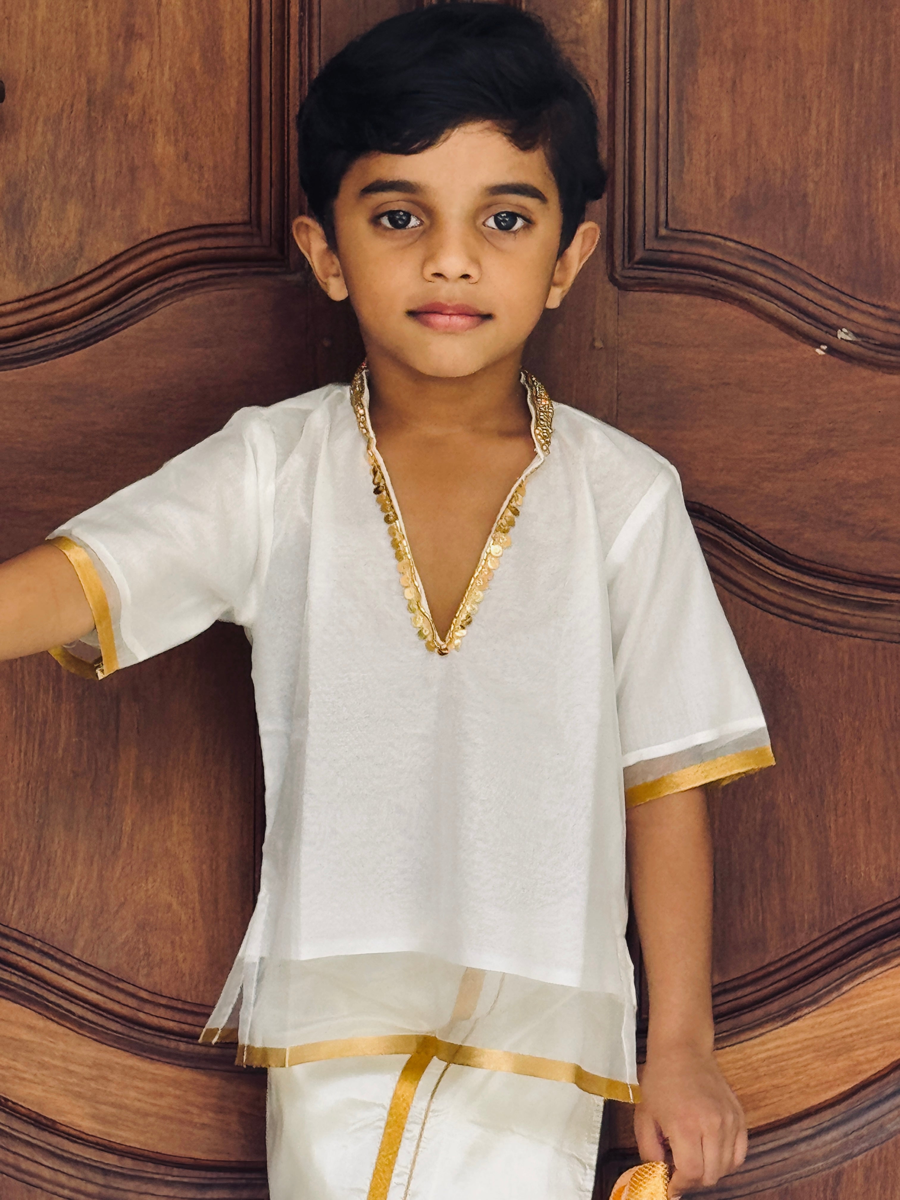 Organza short kurta and mundu set
