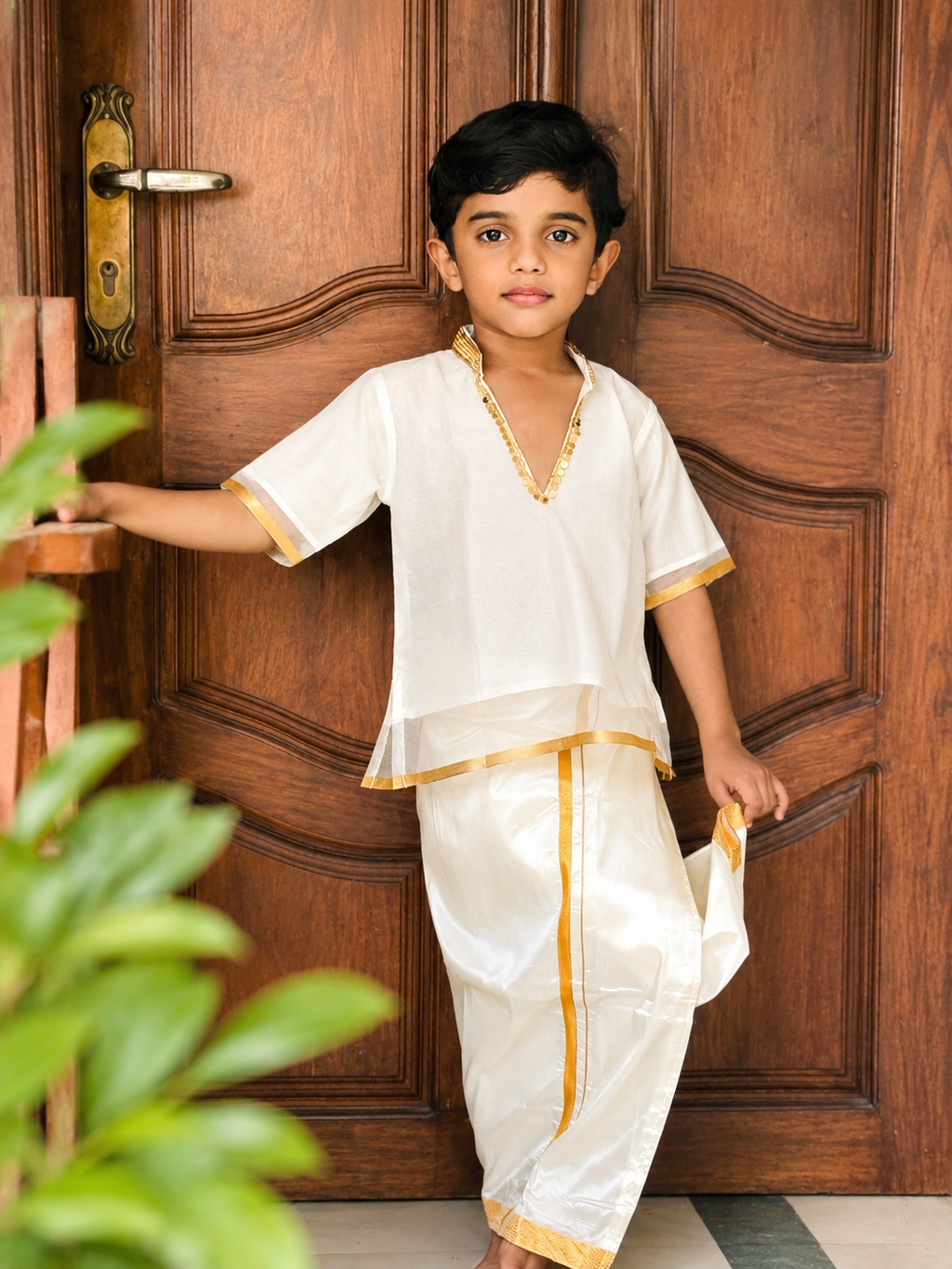 Organza short kurta and mundu set