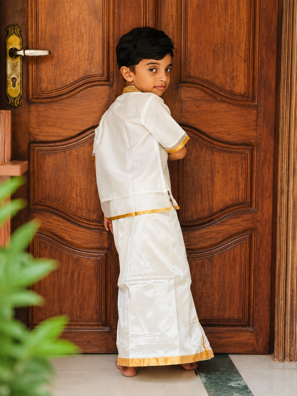 Organza short kurta and mundu set
