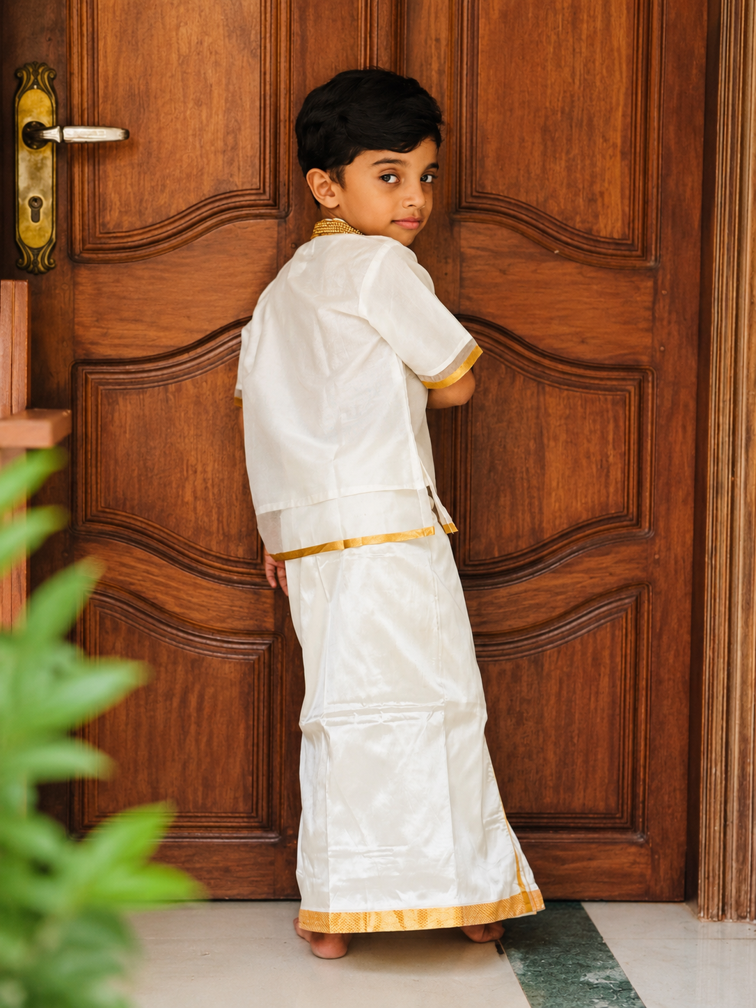 Organza short kurta and mundu set