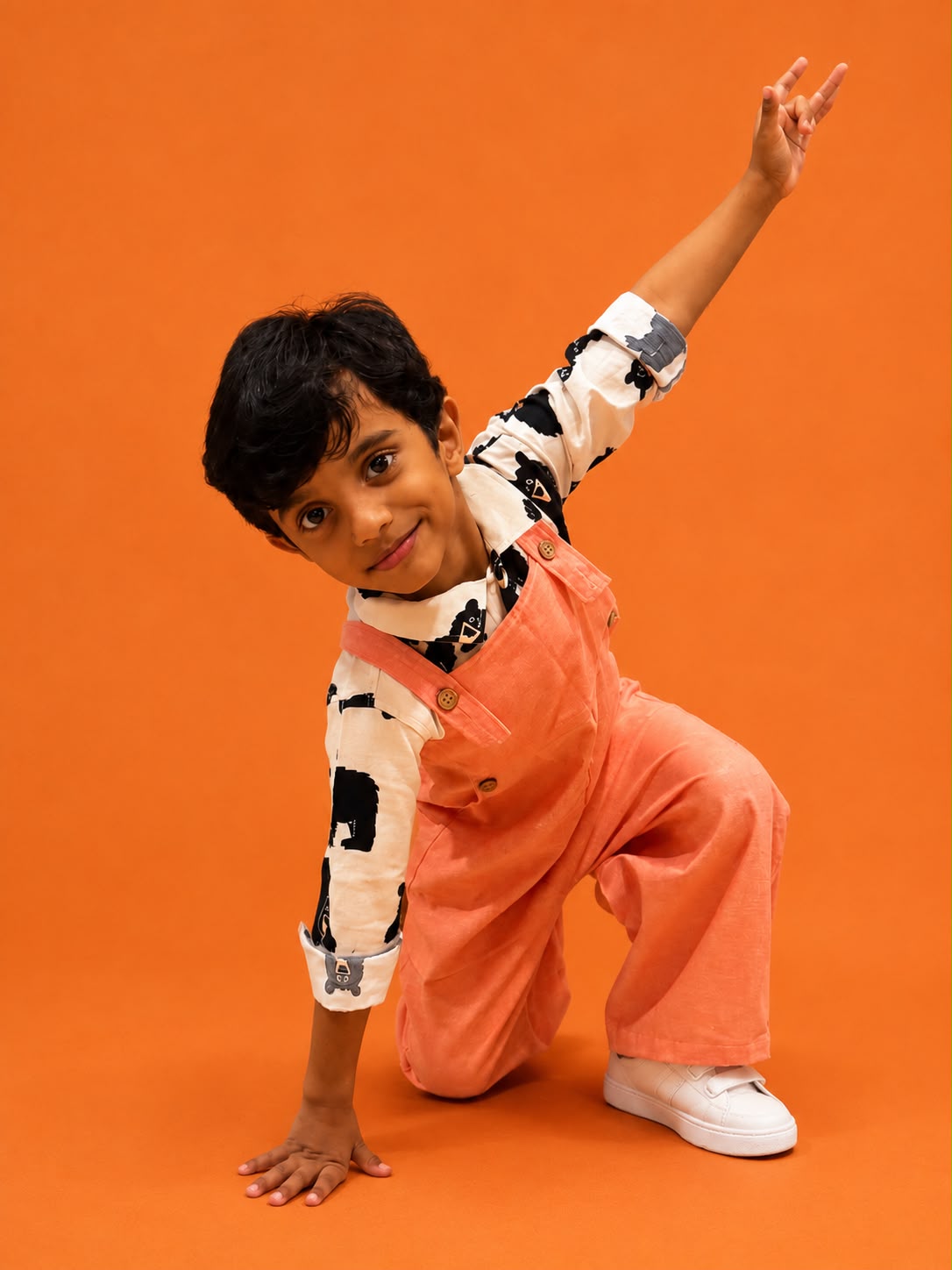 Khadi-Orange Dungaree with Floral Print Shirt for Boys