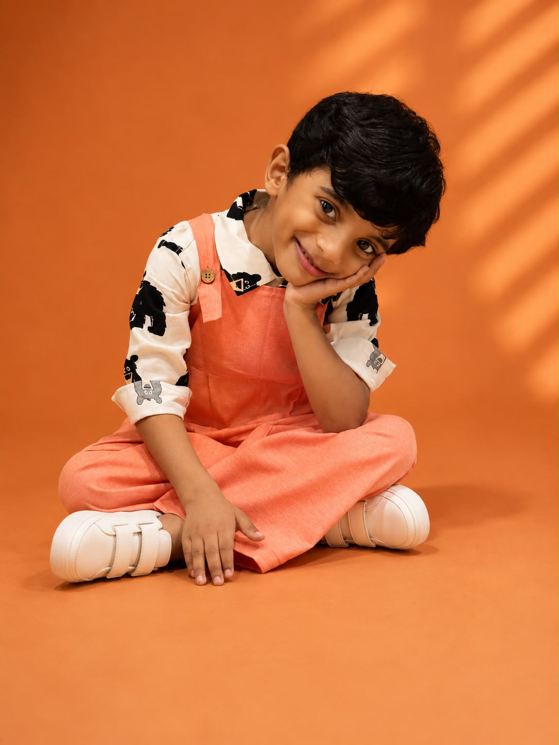 Khadi-Orange Dungaree with Floral Print Shirt for Boys