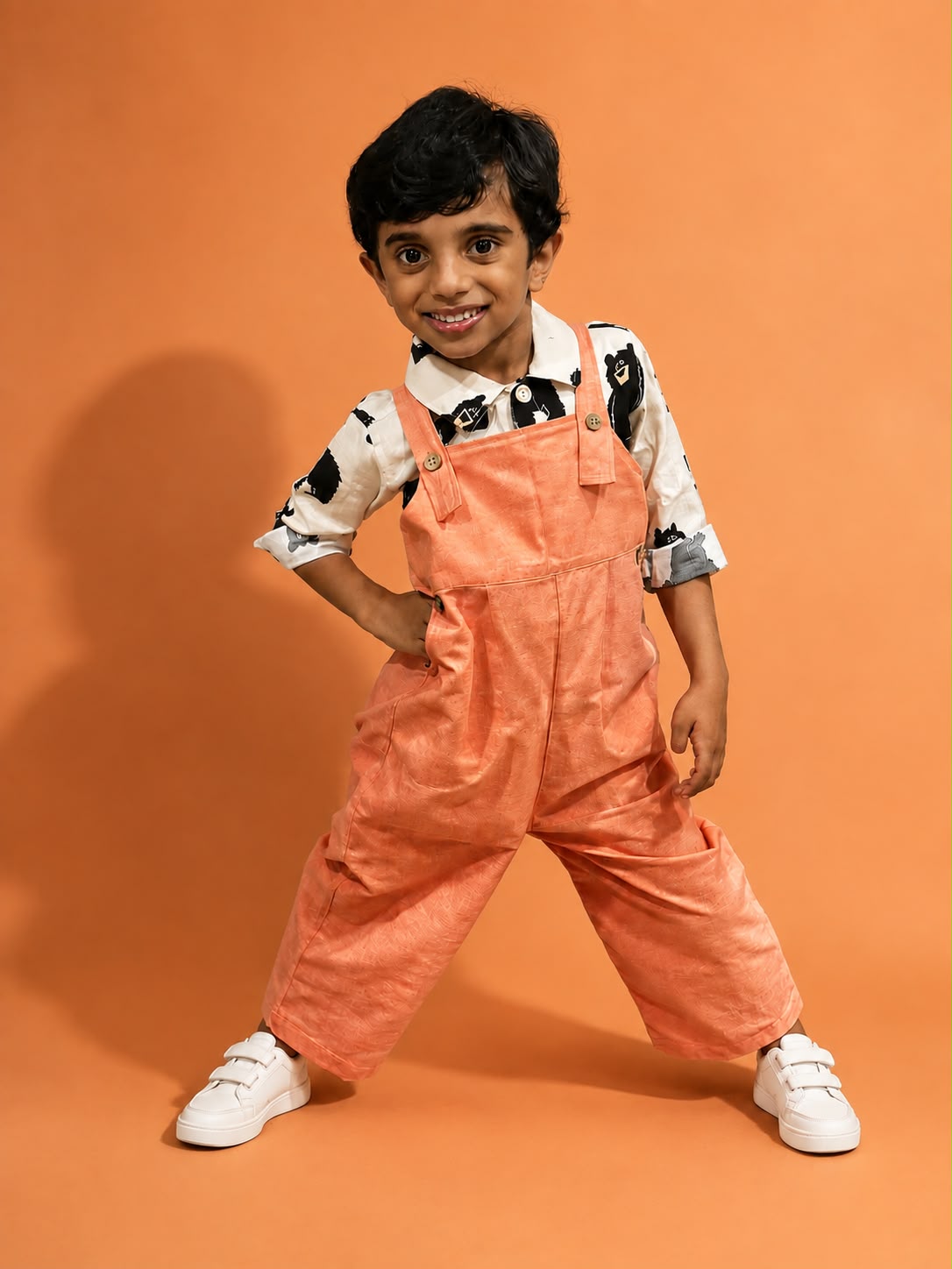 Khadi-Orange Dungaree with Floral Print Shirt for Boys