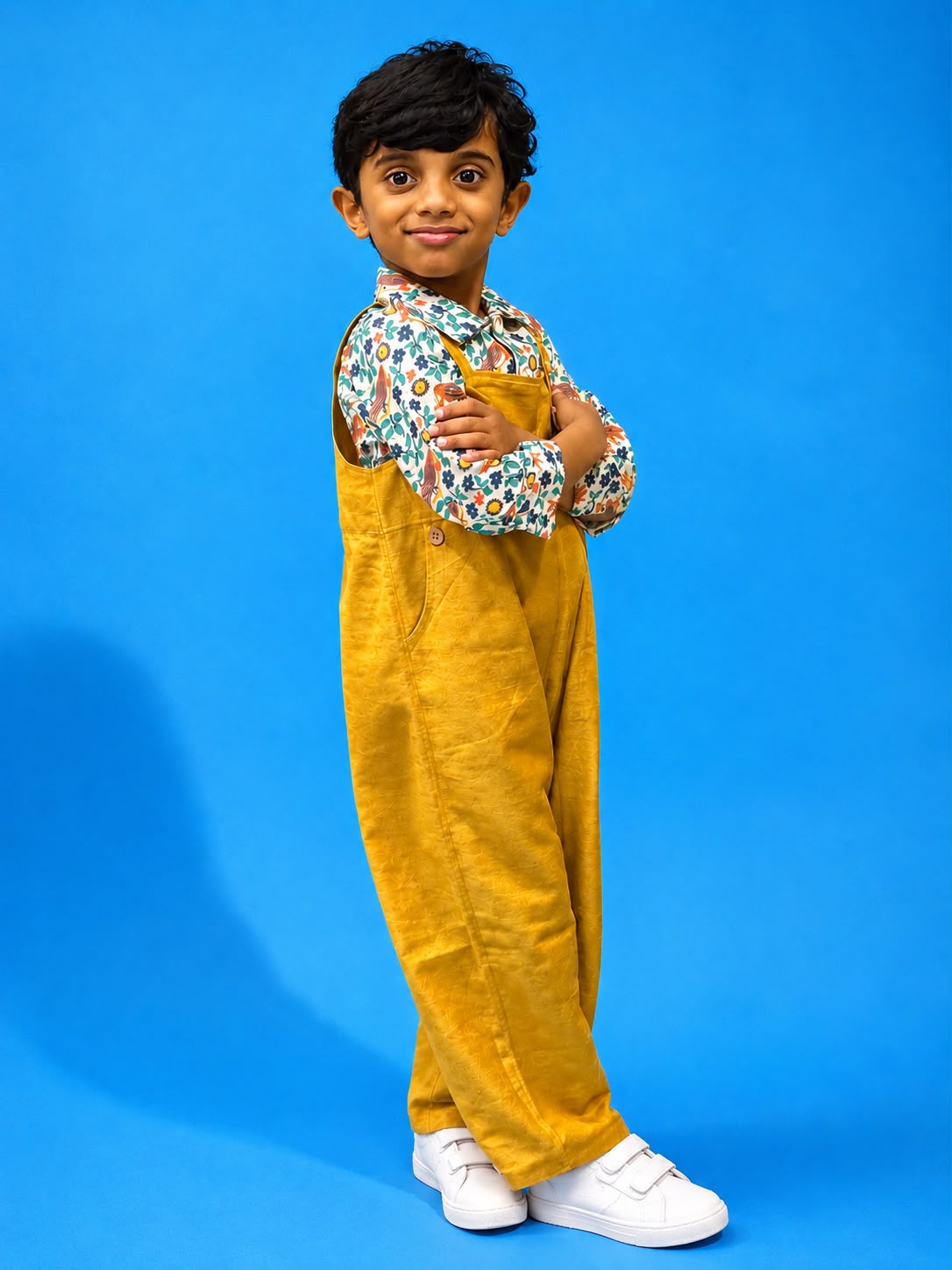 Boy wearing mustard khadi dungaree and floral shirt, arms crossed, smiling.