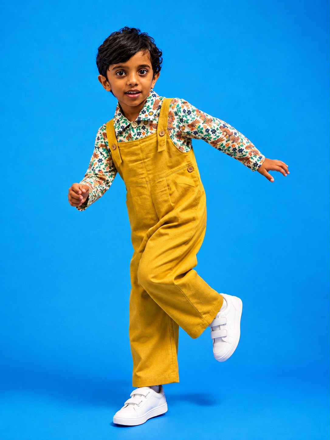 Boy in mustard khadi dungaree and floral shirt running pose, blue studio background.